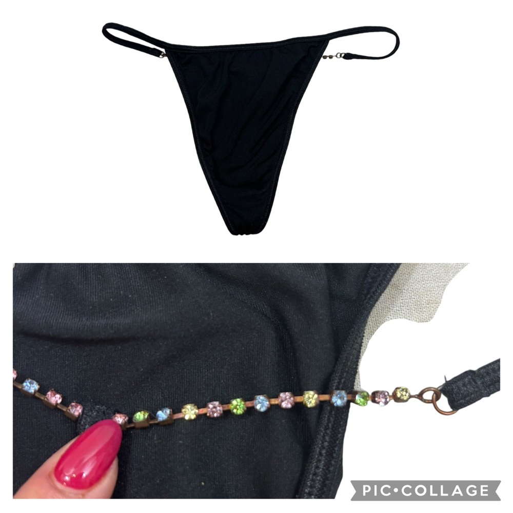 Ladies Victoria’s Secret Black Thong Panties with Pastel Rhinestone Back Strap S